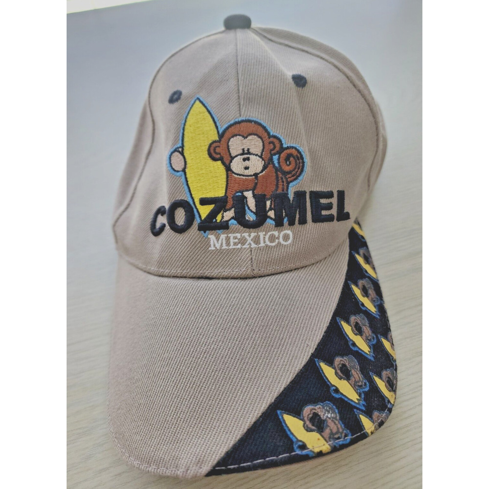 Cap/Hat-Cozumel Mexico-Tan & Black-Surfing Monkey-Hook & Loop Adjustment